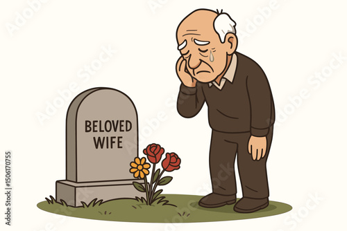 Emotional elderly widower mourning beloved wife at cemetery gravestone with memorial flowers - touching grief vector illustration