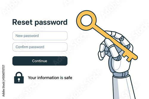 Robot hand holding golden key with password reset interface showcasing AI cybersecurity and digital authentication technology for secure data protection