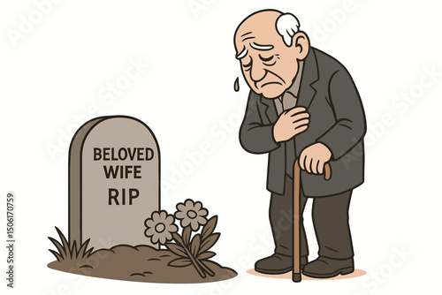 Grieving elderly widower with cane visiting beloved wife's grave memorial with flowers - emotional loss and mourning vector illustration