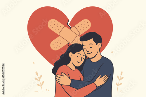 Loving couple embracing with healed broken heart - relationship recovery and rekindled romance vector illustration featuring bandaged heart symbol design