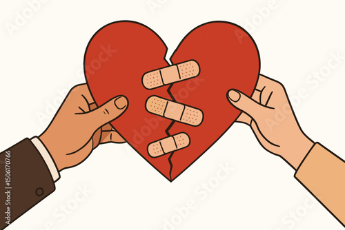 Two caring hands gently holding cracked red heart with healing bandages - relationship recovery and emotional mending vector illustration concept