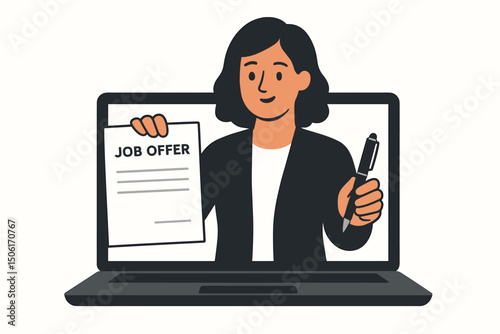 Professional businesswoman presenting remote job offer contract on laptop screen vector illustration for digital recruitment and online hiring concept