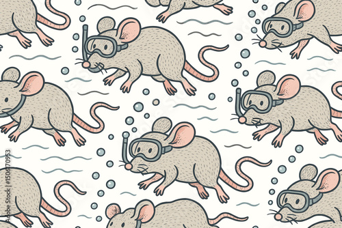Cute cartoon rats snorkeling underwater seamless vector pattern with diving masks and bubbles for textile design and wallpaper backgrounds