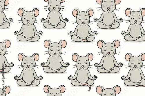 Cute meditating mice seamless vector pattern with yoga poses and mindful animals in lotus position for wellness and relaxation design backgrounds