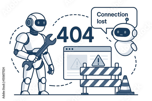 Cute Robot Characters Fixing 404 Error Page Website Maintenance Connection Lost Vector Illustration for Web Development Technical Support and Troubleshooting