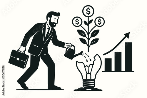Business investor nurturing creative lightbulb idea that grows into profitable money tree with upward growth chart - innovation success vector