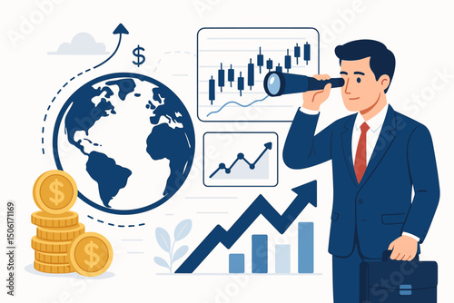 Business analyst examining worldwide financial charts through telescope, researching stock market trends and investment opportunities for global economic growth strategy