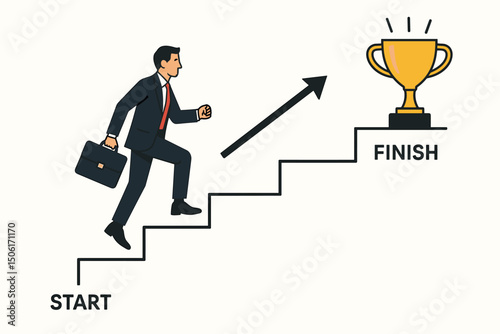 Businessman climbing stairway to success with golden trophy at finish line - corporate achievement and career advancement vector illustration concept
