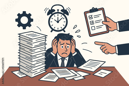 Overwhelmed stressed businessman holding head in hands with paperwork pile alarm clock deadline pressure workplace burnout vector illustration