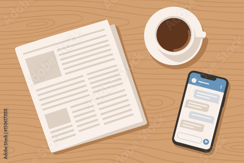 Morning business essentials flat lay composition with coffee cup, newspaper and smartphone on wooden desk surface - daily workplace routine and communication vector illustration
