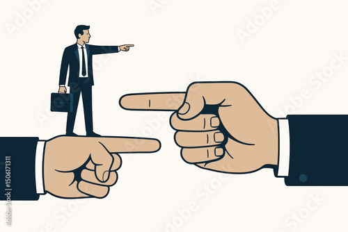 Business conflict concept with businessman and pointing hands showing disagreement, opposing directions, decision dilemma vector illustration
