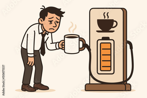 Exhausted businessman drinking coffee to recharge energy - tired office employee getting caffeine boost from workplace dispenser vector illustration