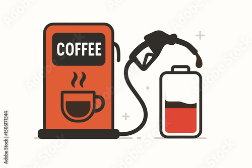 Coffee Recharge Station Vector Illustration - Caffeine Energy Boosting Battery Power Concept with Coffee Machine Charging Low Battery Icon Design