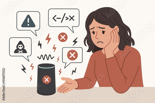 Frustrated young woman dealing with malfunctioning voice assistant smart speaker showing error codes and technical glitches - AI device failure