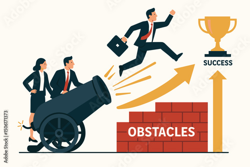 Business team using cannon to launch colleague over obstacles brick wall toward golden success trophy with upward arrow - teamwork achievement concept vector illustration
