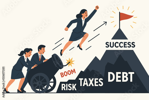 Business teamwork vector illustration launching woman to success peak overcoming financial obstacles debt taxes risk achievement goals strategy concept
