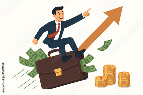 Successful businessman in suit riding flying briefcase pointing upward with money bills and coins growth arrow business success vector
