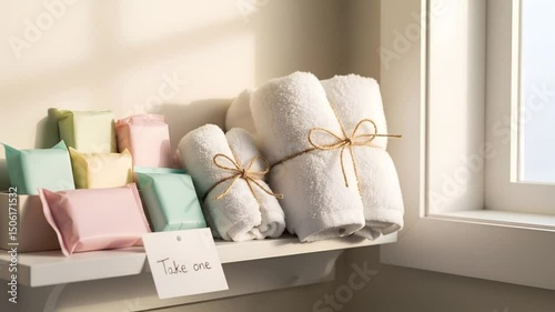 Pastel-colored bath essentials neatly arranged on small shelf. Hygiene products organized for care packages. Holiday concept: Mother's Day. Concept: women's shelter, wellness center, care ministry