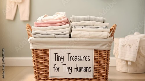 Neatly folded baby clothes in pastel colors fill laundry basket. Clean infant garments prepared for donation to young families Concept Baby shower, children's charity, maternity center, family support