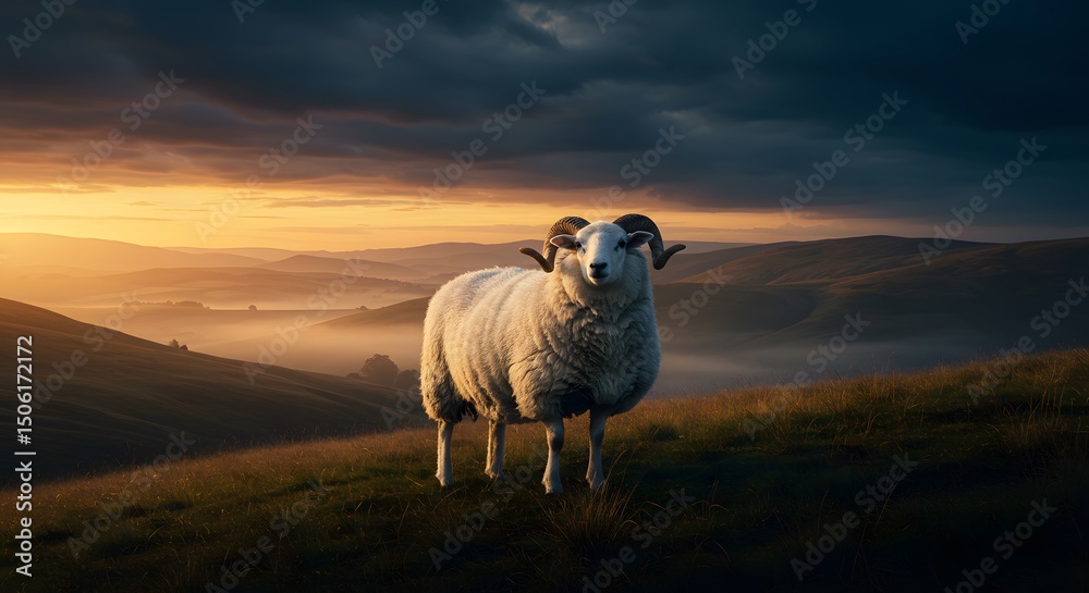 Fototapeta premium A ram stands majestically on a grassy hill at dusk, its fleece glowing against the golden sky.