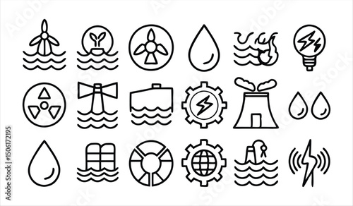 set of  outline icons related to hydropower  lin 