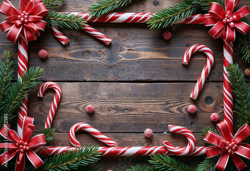 AI generated. A frame of Christmas candy cane, on a wooden background