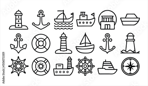 set of  outline icons related to marine port  li 