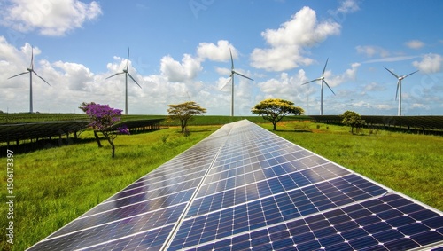 Campo com energia eólica e solar