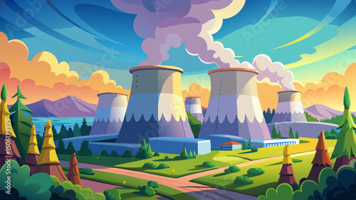 Massive nuclear power plant cooling towers rise dramatically, releasing thick steam into the blue sky. Surrounded by a verdant landscape, they emphasize the scale of industrial energy production.