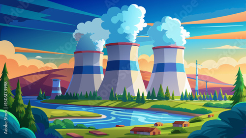 Massive nuclear power plant cooling towers rise dramatically, releasing thick steam into the blue sky. Surrounded by a verdant landscape, they emphasize the scale of industrial energy production.