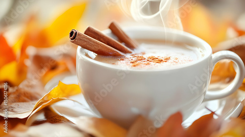 Aromatic fall beverage with cinnamon sticks, cozy warm drink for autumn season photo