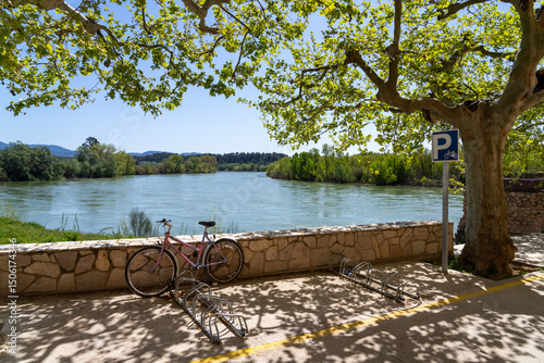 Fototapeta Naklejka Na Ścianę i Meble -  Bicycles parked by a river under a tree with a parking sign.