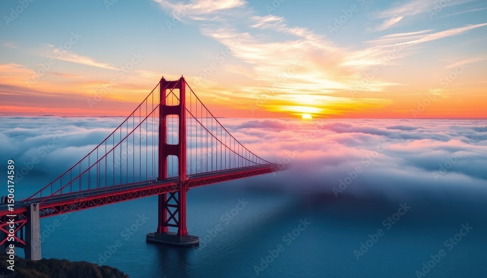Obraz premium Golden Gate Bridge Sunrise: A Majestic View Above the Clouds