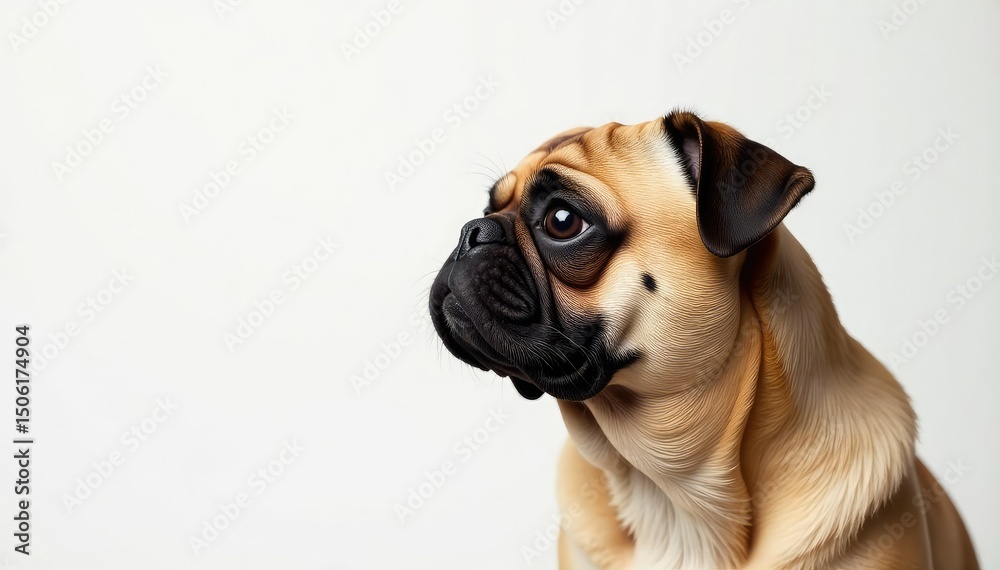 Obraz premium Brown pug in profile, looking to the side on white backdrop, dog, ears