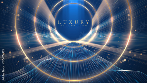 Luxury background with golden circle frame and blue neon light waves decorated with glittering bokeh effect. Backdrop design for promotion of premium products or award ceremony.