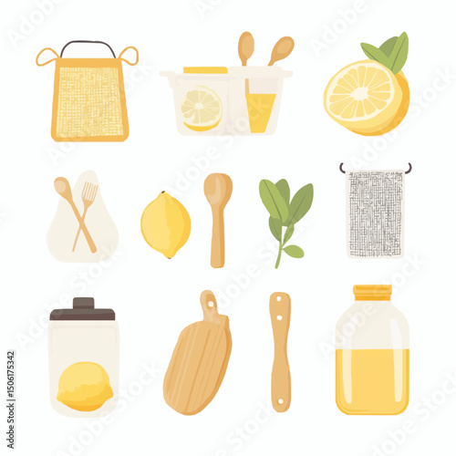 Vector set of green kitchen items including beeswax wrap, wooden spoon, lemon, and reusable containers. Created in soft minimal style for eco product branding and infographics