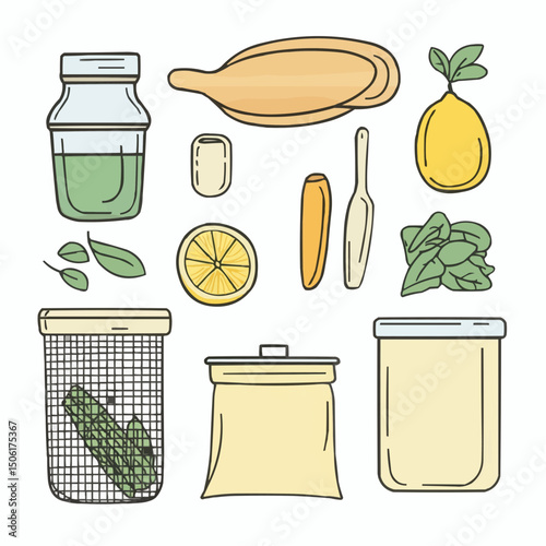 Vector set of green kitchen items including beeswax wrap, wooden spoon, lemon, and reusable containers. Created in soft minimal style for eco product branding and infographics
