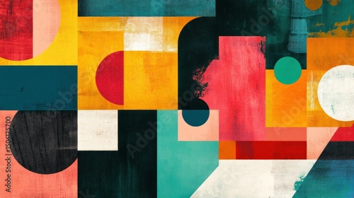 Vibrant geometric abstract art with textured blocks and circles in bold colors