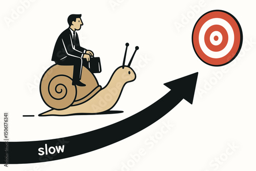Slow but steady business progress concept with businessman riding snail toward target goal, metaphor for patience and persistence in achieving success