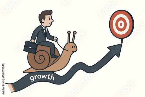 Businessman riding snail on upward growth arrow toward target bullseye representing slow but steady progress and patient journey to business success achievement