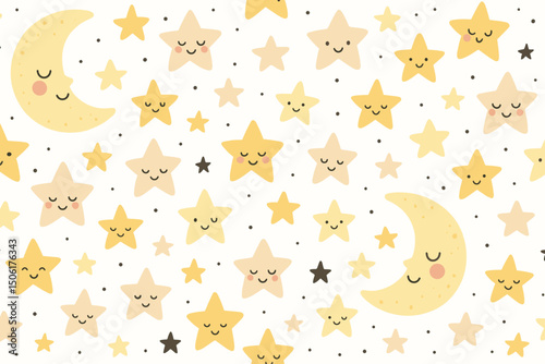 Cute kawaii seamless pattern with smiling golden moon and stars on white background, perfect for baby nursery decor, children's designs and textile prints