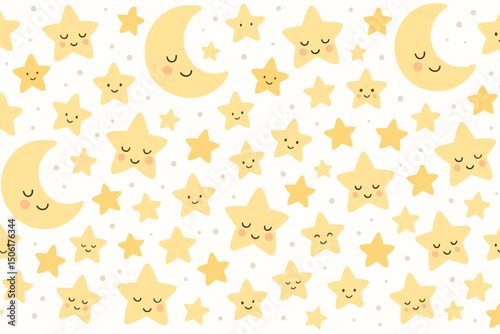 Cute kawaii seamless pattern with smiling yellow stars and crescent moons on white background vector illustration for baby nursery decor and children design
