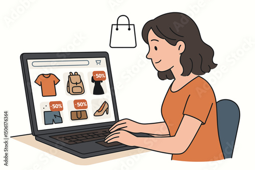Young woman browsing online fashion store on laptop computer with discount sale items clothing shoes bags e-commerce shopping website vector illustration