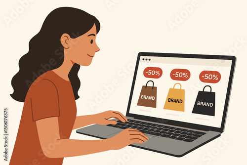 Beautiful young woman shopping online for discount sales on laptop with 50% off branded shopping bags on screen - modern e-commerce vector illustration