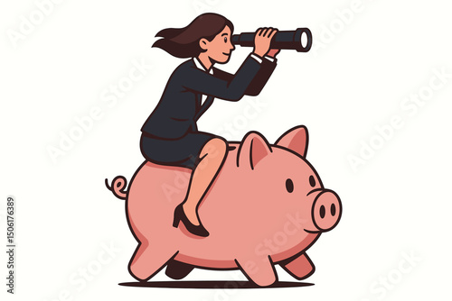 Businesswoman riding piggy bank looking through telescope - financial planning, investment strategy, future vision and economic growth concept vector illustration