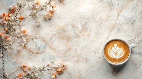 Latte art coffee with flowers on marble