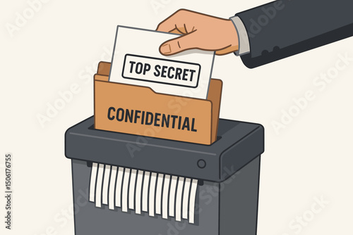Business hand feeding top secret confidential documents into paper shredder machine for secure data destruction and information privacy protection