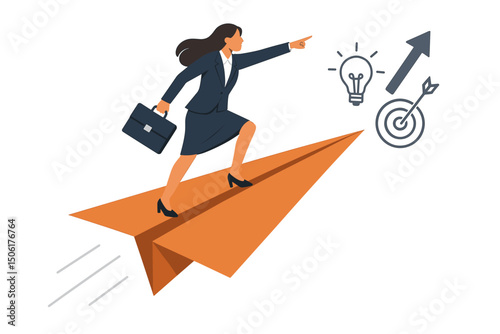 Confident female executive soaring on orange paper airplane pointing to success with business innovation ideas, lightbulb creativity and target goal achievement concept