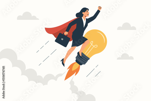 Confident businesswoman superhero flying on light bulb rocket with cape and briefcase representing innovation startup success and female entrepreneurship