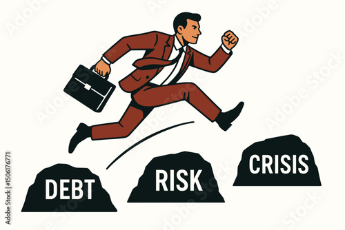 Dynamic businessman in suit jumping over financial obstacles debt risk crisis challenges carrying briefcase determined success achievement business metaphor vector